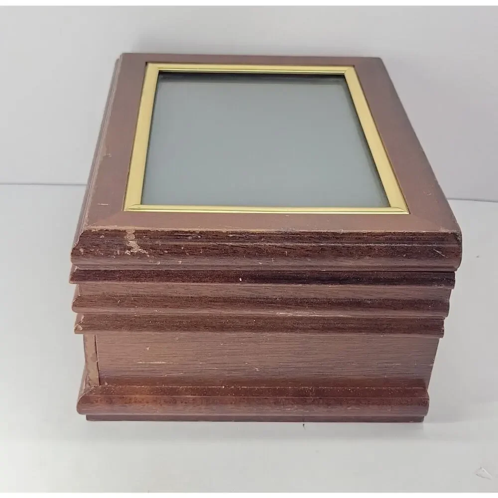 Wooden Jewelry Box with Photo Frame Lid Mirror Drawer Ring Organizer Brown